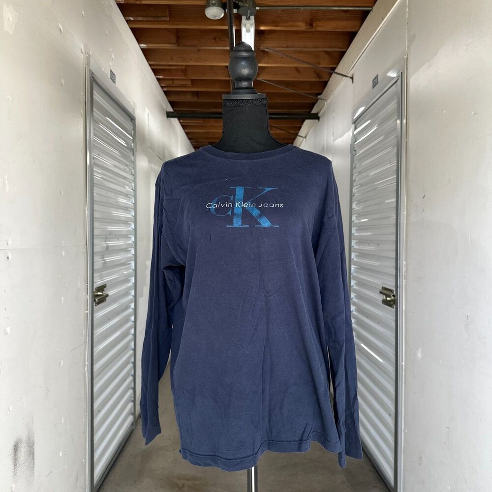 Vintage S/M Calvin Klein Jeans CK Logo Long Sleeve Shirt Mens Navy Blue Y2K